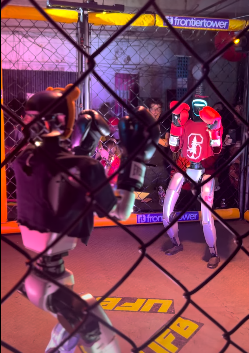 Humanoid robots boxing at exhibition