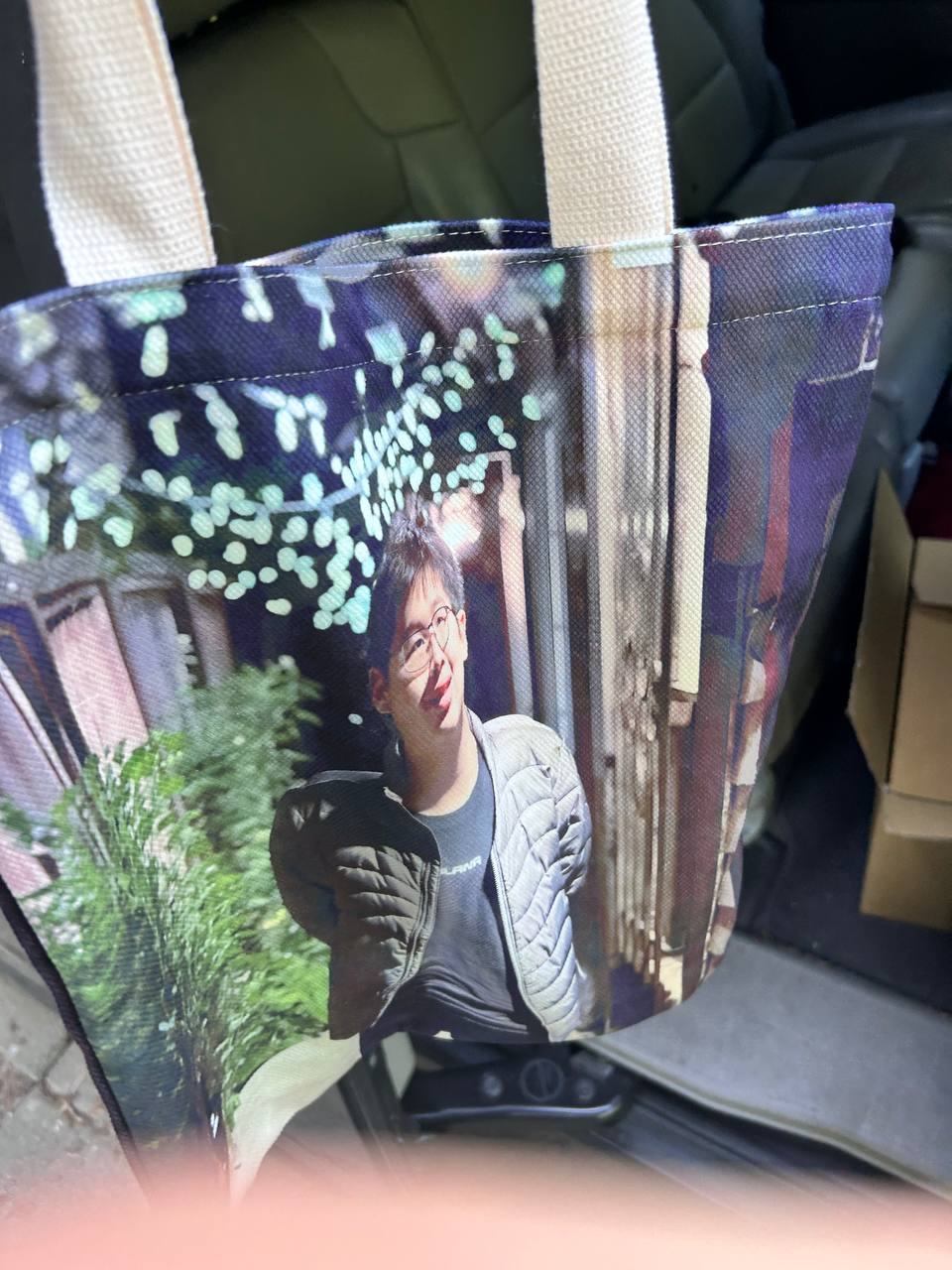 Custom tote bag with Jack’s photo printed on it